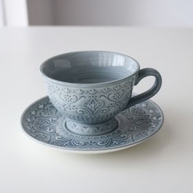 Ceramic Underglaze Haze Blue Tulip Relief Dinner Plate (Option: Coffee Set)