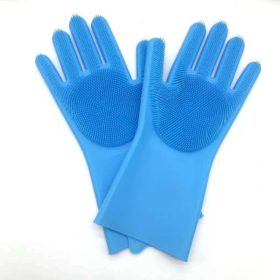 1 Pair Dishwashing Cleaning Gloves Magic Silicone Rubber Dish Washing Glove For Household Scrubber Kitchen Clean Tool Scrub (Color: Blue)