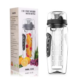 Fruit Infuser Water Bottle 32OZ Juice Shaker Sport w/ Flip Top Lid Anti-Slip Grips (Color: Black)